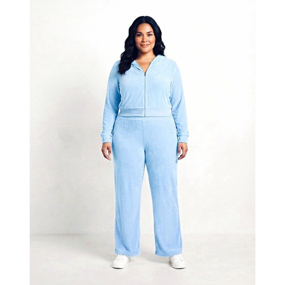 aerie Sky Blue Velour Wide-Leg Track Pants with Zip Hoodie